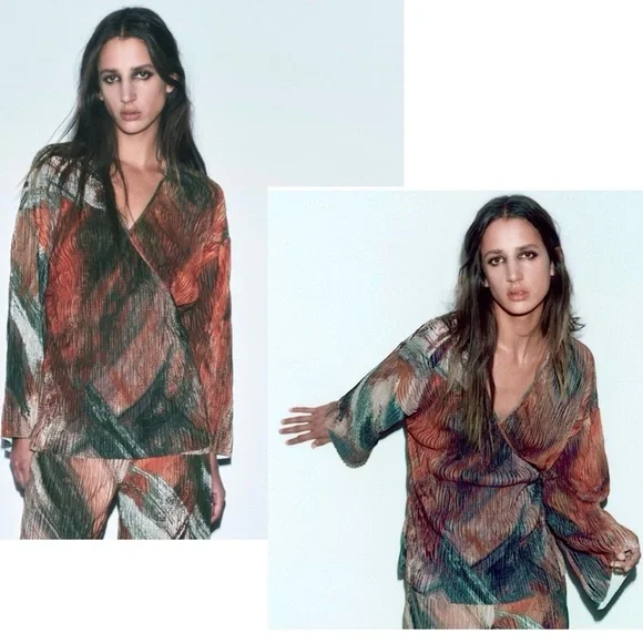 Zara multicolored abstract print pleated kimono sleeve wrap blouse top M NWOT - Picture 3 of 16